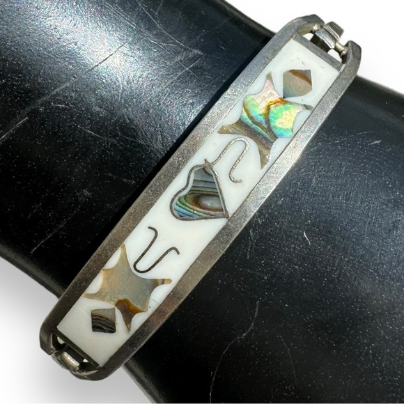 Vintage Jewelry - Vintage Alpaca Silver and Abalone Shell Bracelet